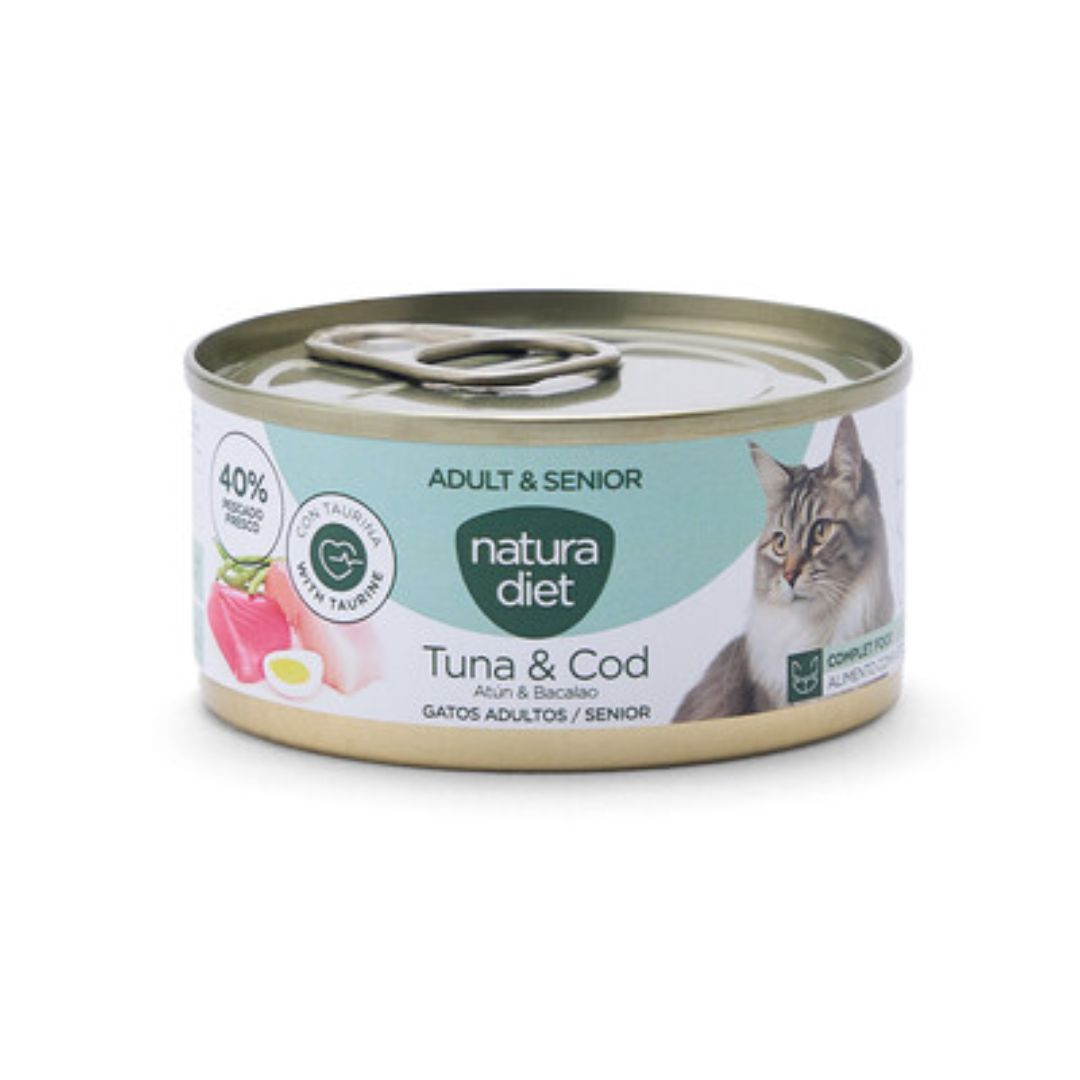 Alimento húmedo completo para gatos adultos y senior Natura Diet Paté Tuna & Cod Cat