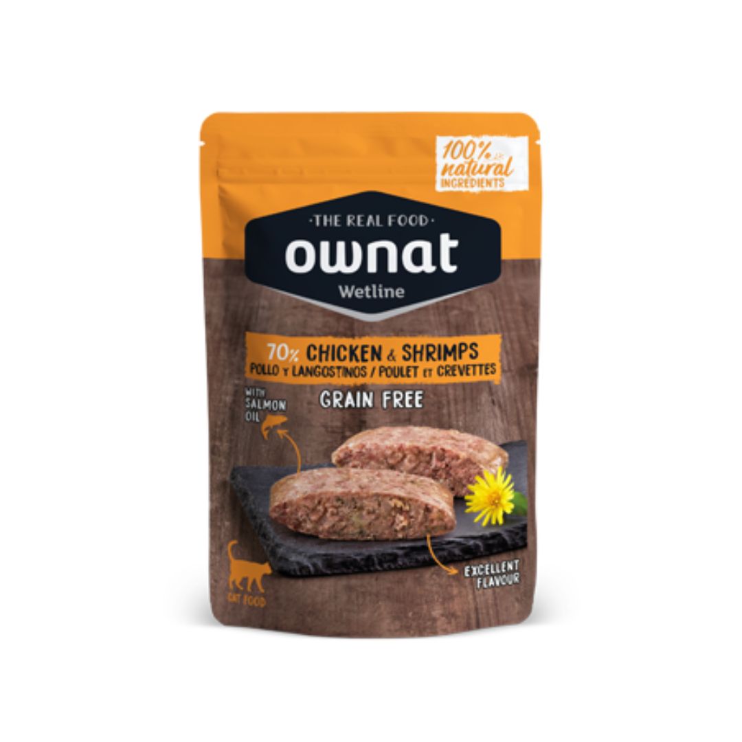 ownat-wetline-cat-chicken-shrimps-grain-free85g Alimentación húmeda para gatos adultos de todas las razas Ownat Wetline Pollo y Langostinos