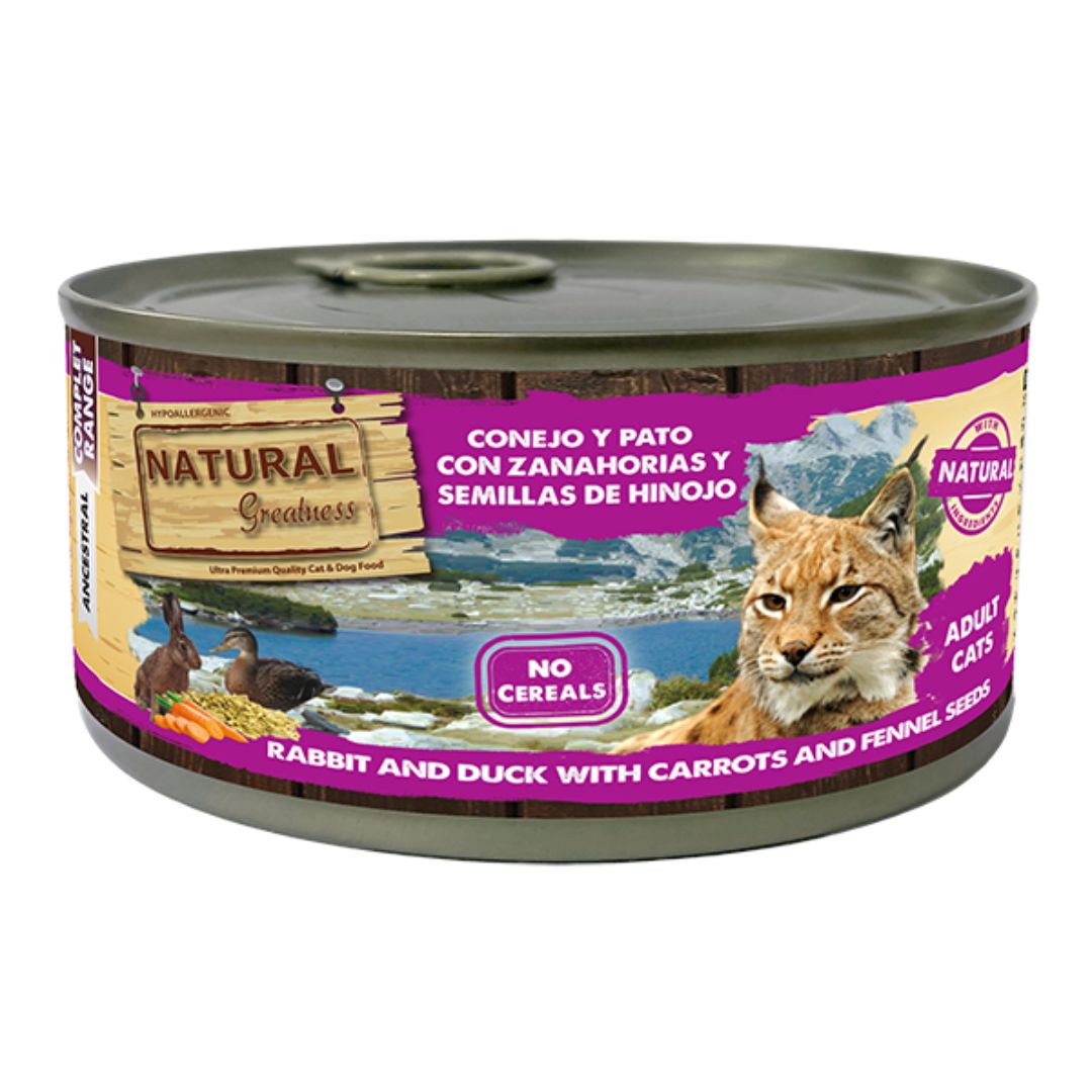 Comida húmeda para gatos Natural Greatness conejo y pato con zanahorias receta hipoalergénica