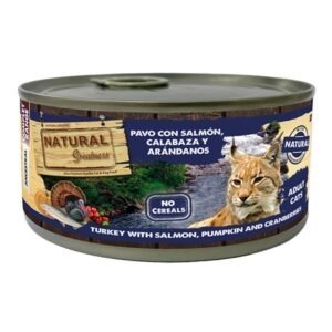 Comida húmeda para gatos Natural Greatness pavo con salmón calabaza y arándanos rojos receta hipoalergénica