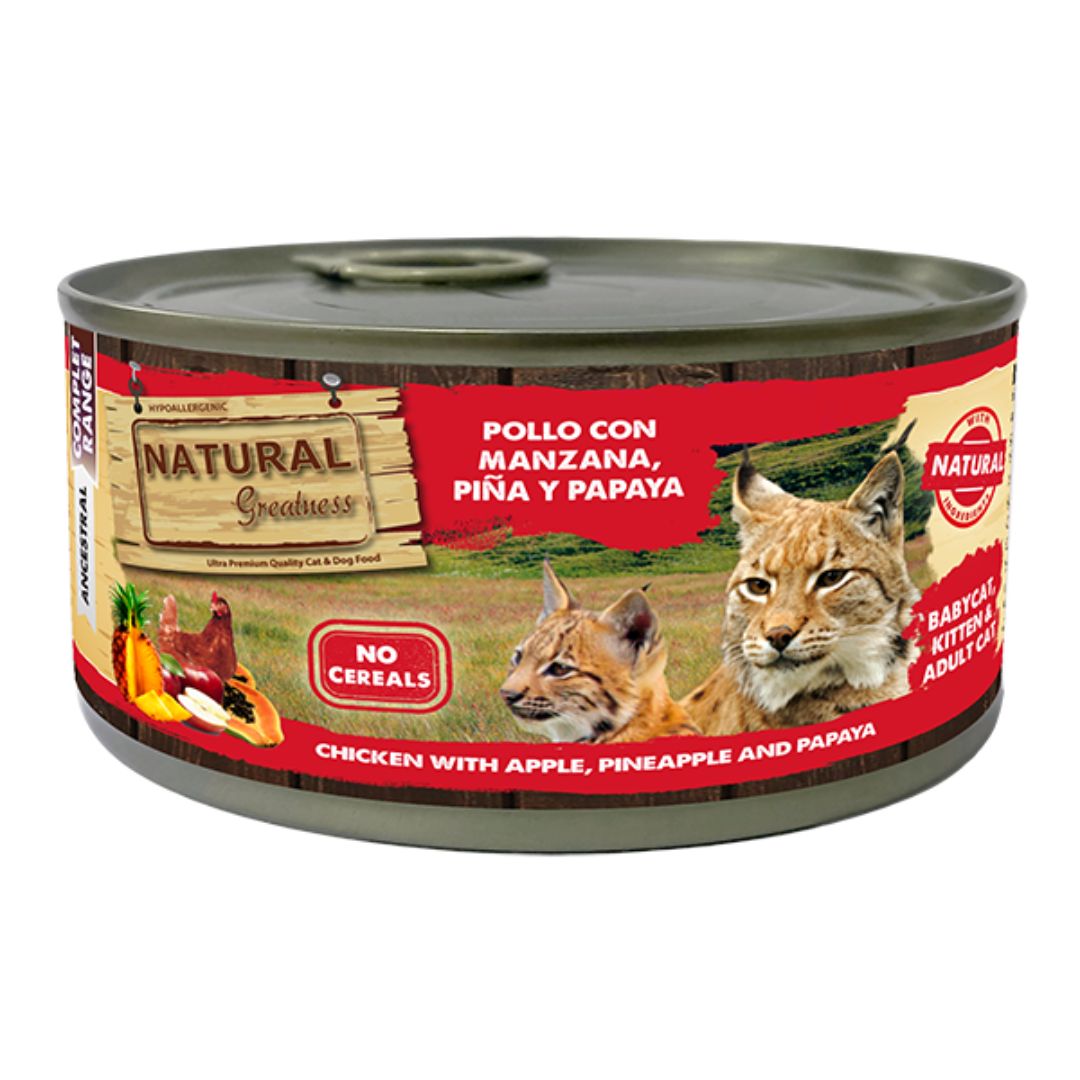 Comida húmeda para gatos Natural Greatness pollo con manzana y piña receta hipoalergénica